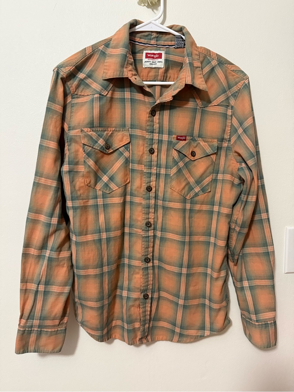 Wrangler Orange and Green Plaid Western Button-Up Shirt